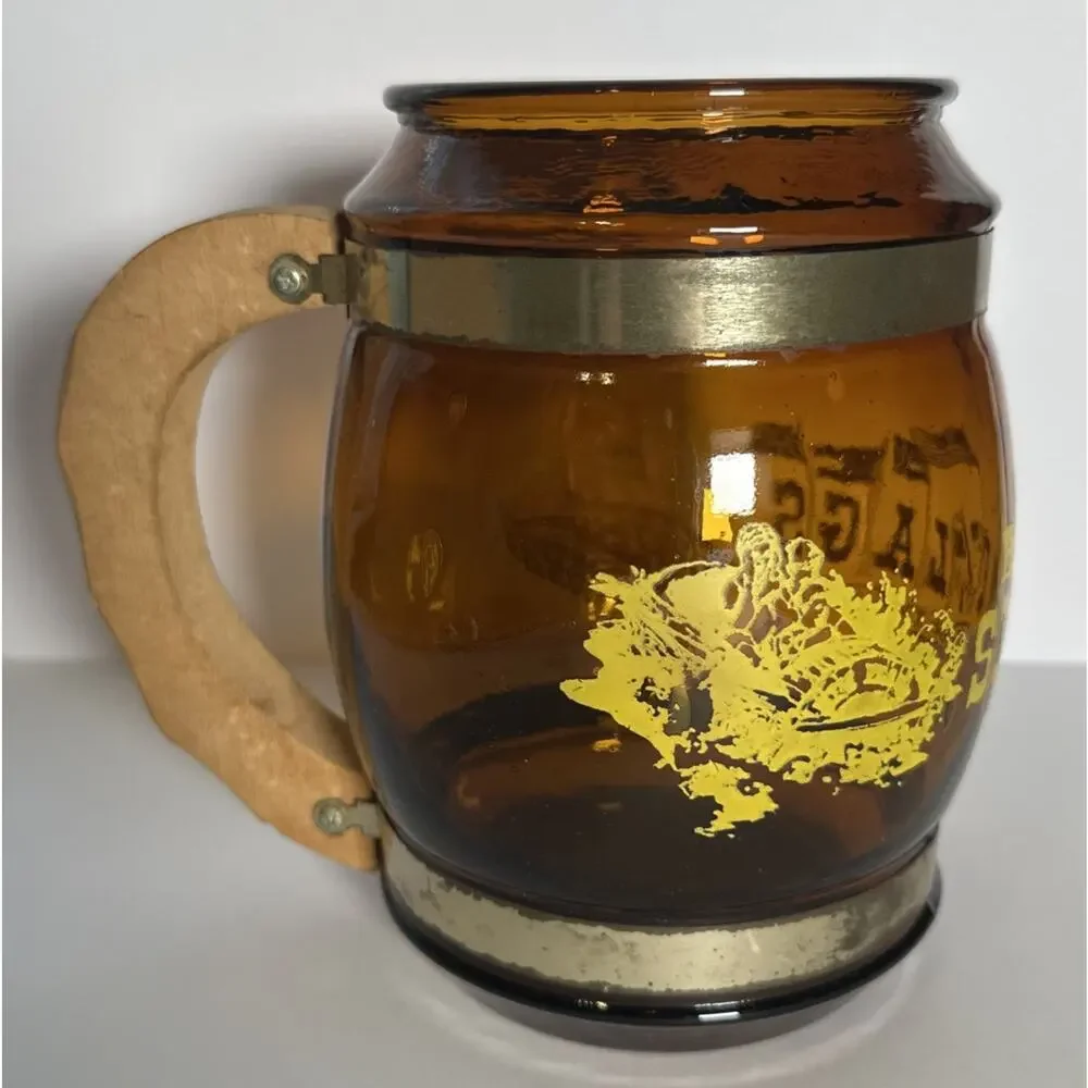 Vintage Six Flags Over Georgia Atlanta Amber Glass, Wood And Metal Collector Cup